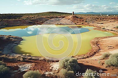Uranium Mine Tailings Pond With Water Treatment And Containment Systems. Generative AI Stock Photo