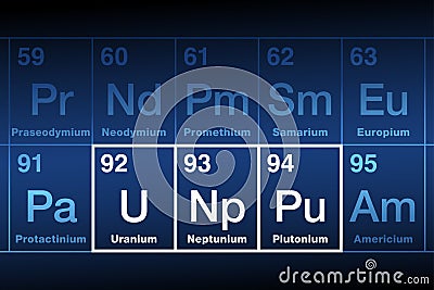 Uranium, Neptunium and Plutonium on the periodic table of the elements Vector Illustration