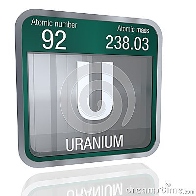 Uranium symbol in square shape with metallic border and transparent background with reflection on the floor. 3D render Stock Photo