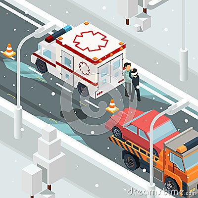 Urban accident crash cars. Winter warning on road slip wreck automobile vector landscape isometric Vector Illustration