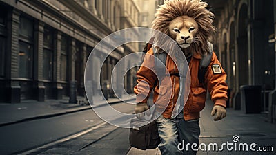 Urban Adventure: A Raw Character Roams The City With A Lion Mask Stock Photo