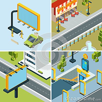 Urban advertising boards. Outdoor placard led panels billboards at streets landscapes vector isometric concept pictures Vector Illustration