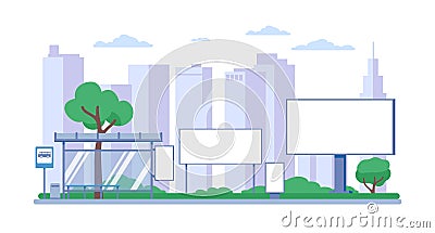 Urban advertising. White blank billboards and banners. City landscape. Downtown buildings and road signboard. Town Vector Illustration