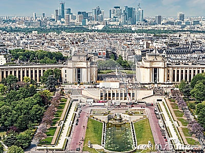 urban aerial panorama of the trocadero gardens in paris Editorial Stock Photo