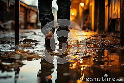 Urban aftermath Wet feet standing in a puddle post heavy rain Stock Photo