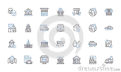 Urban area line icons collection. Downtown, Skyscrapers, Traffic, Noise, Graffiti, Concrete, High-rises vector and Vector Illustration