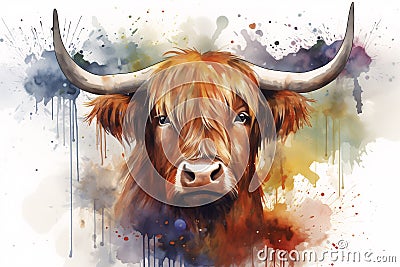 Urban art design. Illustration of a highland cow. Creativity in graffiti style painted on walls. Stock Photo