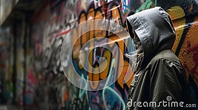 Urban Art: Figure Leaning Against Graffiti-Covered Wall. Stock Photo
