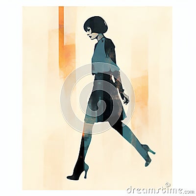 Minimalist Monotype Print Of Retro Female With Short Hair Cartoon Illustration