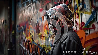 Urban Artistic Expression: Figure Leaning Against Graffiti-Covered Wall. Stock Photo