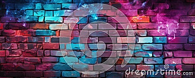 Urban artistry meets rustic charm in this abstract neon pink and blue painted colored damaged brick wall, Ai Generated Stock Photo