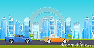 Asphalt road with transport, on background of landscapes, high-rise buildings. Vector Illustration