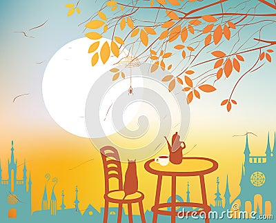 Urban autumn landscape with a street cafe Vector Illustration