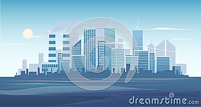 Urban background of cityscape with the factory. City skyline vector illustration. Blue city silhouette. Cityscape in Vector Illustration