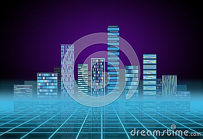 Urban background: futuristic hi-tech city in neon glow. Synthwave, retrowave, abstract metropolis and primitive Stock Photo