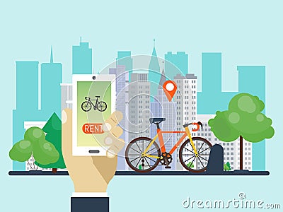 Urban bike renting system by using the phone app vector illustration. Smart service for rent bikes in the city. Vector Illustration