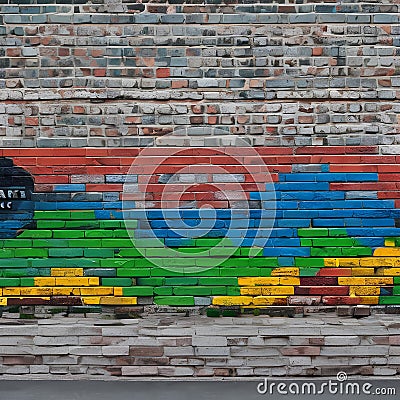 1210 Urban Brick Wall: A textured and urban background featuring an urban brick wall with weathered textures, graffiti tags, and Stock Photo