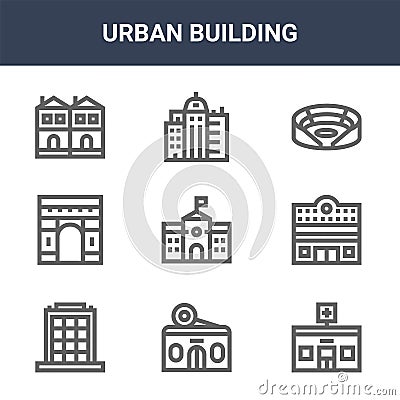 9 urban building icons pack. trendy urban building icons on white background. thin outline line icons such as pharmacy, cinema, Vector Illustration