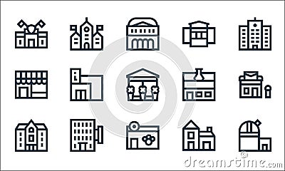 Urban building line icons. linear set. quality vector line set such as observatory, veterinary, mansion, house, hostel, shop, Vector Illustration