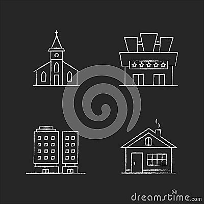 Urban buildings chalk white icons set on black background Vector Illustration