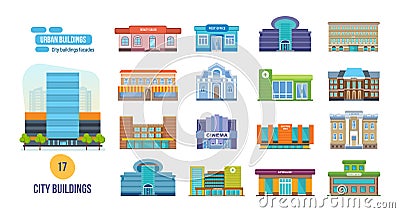 Urban buildings: salon, post, cinema, school, hotel, shop, museum, library. Vector Illustration