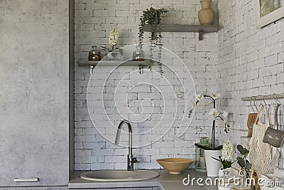 Urban chic kitchen corner with white brick wall, sink and natural decorations Stock Photo