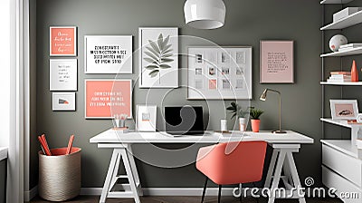 Urban Chic Studio Retreat: Ergonomic Workspace in Dove Gray, Olive Green, and Coral Pink Palette for Inspired Living Stock Photo