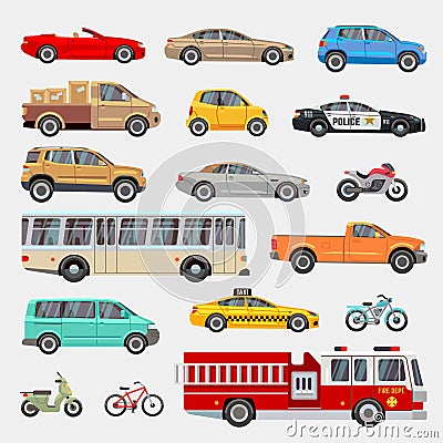 Urban, city cars and vehicles transport vector flat icons set Vector Illustration