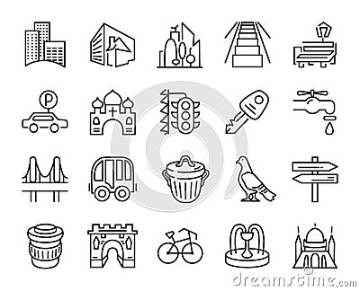 Urban and city element icon set in trendy simple line art style Vector Illustration