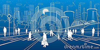 Urban City Infrastructure Illustration. People walking at street. Modern town. Train move on bridge. Illuminated highway. Factory Vector Illustration