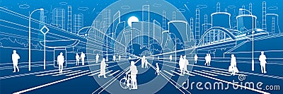 Urban City Infrastructure Illustration. People walking at street. Modern town. Train move on bridge. Illuminated highway. Factory Vector Illustration