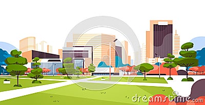 Urban city park skyscraper buildings view modern cityscape downtown flat horizontal Vector Illustration