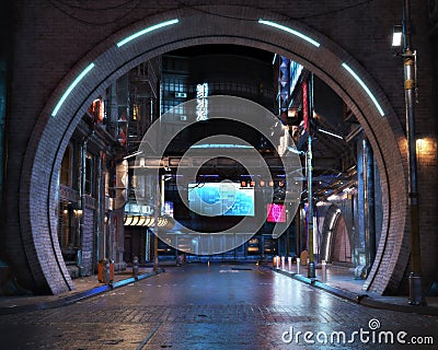 Urban city retro futuristic arch back drop background with neon accents. Stock Photo