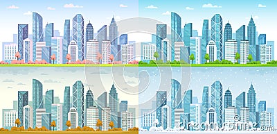 Urban city seasons. Spring town, summer, autumn urban panorama and cold winter cityscape vector background illustration Vector Illustration