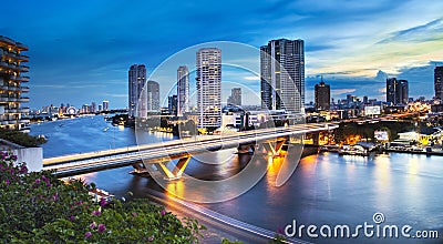 Urban City Skyline, Chao Phraya River, Bangkok, Thailand. Stock Photo