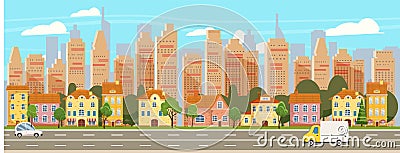 Urban cityscape old town historical buildings downtown background modern skyscrapers, road cars. Vector illustration Vector Illustration