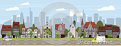 Urban cityscape old town historical buildings downtown background modern skyscrapers, road cars. Vector illustration Vector Illustration