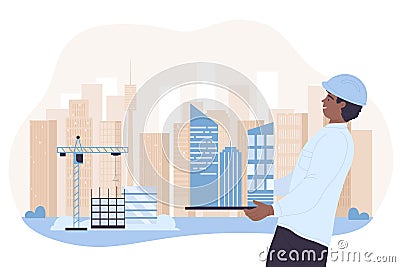 Urban construction development, engineering, architect holding building city model Vector Illustration