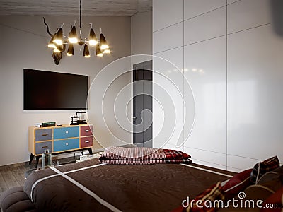 Urban Contemporary Modern Scandinavian Loft Bedroom Stock Photo