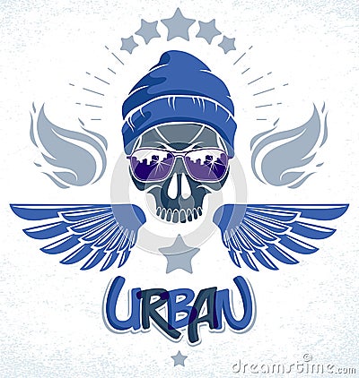 Urban culture style skull in sunglasses vector logo or emblem, gangster or thug illustration, anarchy chaos hooligan. Vector Illustration