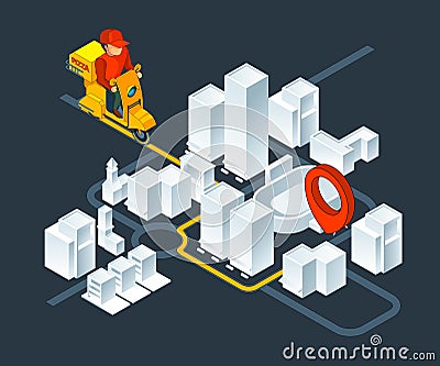 Urban 3d map navigation. Isometric map with delivery pizza navigation route Vector Illustration