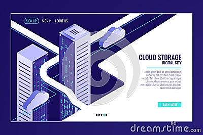 Urban data city, cloud storage concept, server room rack, data center, database, bigdata isometric vector Vector Illustration