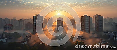 Urban Dawn: The Quiet Choke of Pollution. Concept Polluted City Sunrise, Environmental Impact, Stock Photo