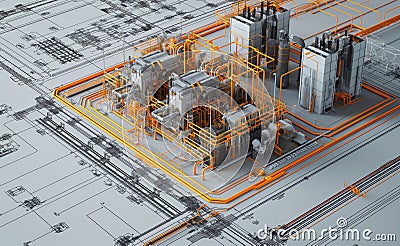 Urban design with buildings and pipes, creating a machinelike landscape Stock Photo