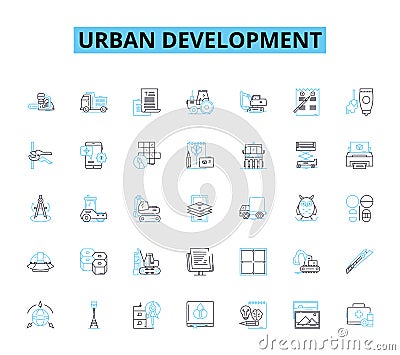 Urban development linear icons set. Gentrification, Redevelopment, Density, Infrastructure, Zoning, Sprawl Vector Illustration