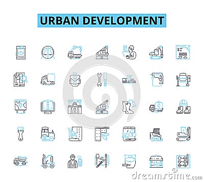 Urban development linear icons set. Gentrification, Redevelopment, Density, Infrastructure, Zoning, Sprawl Vector Illustration