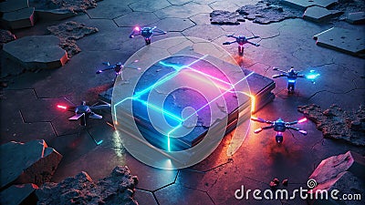 Urban Drone Shot Captures Futuristic Notebook with Glowing Particles and 3D Objects A Stunning Visual of Advanced Stock Photo