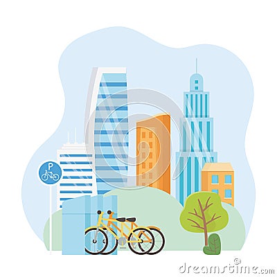 Urban ecology parking bicycles transport city buildings park Vector Illustration