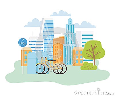 Urban ecology parking bicycles transport city park scene Vector Illustration