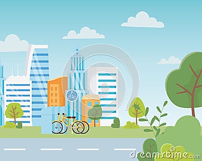 Urban ecology parking bicycles transport cityscape street trees grass Vector Illustration